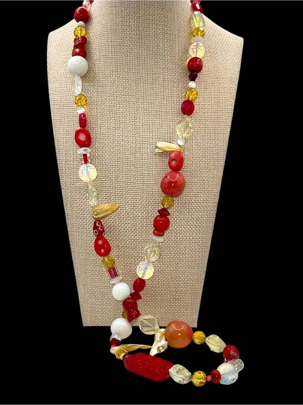 Eclectic Chunky Beaded Necklace Red Yellow Agate Glass Statement Boho Estate